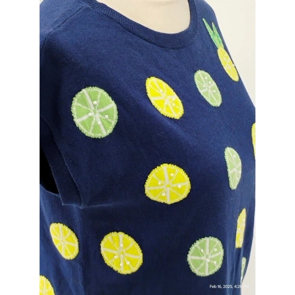 Talbots Petite 2XP Lemon Beaded Sweater Navy Blue Lightweight Top Preppy Coastal - Picture 5 of 9